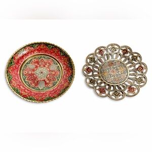 Vintage Brass Carved Enamel Cloisonne Set of 2 Dishes Decor Bowl Floral India
